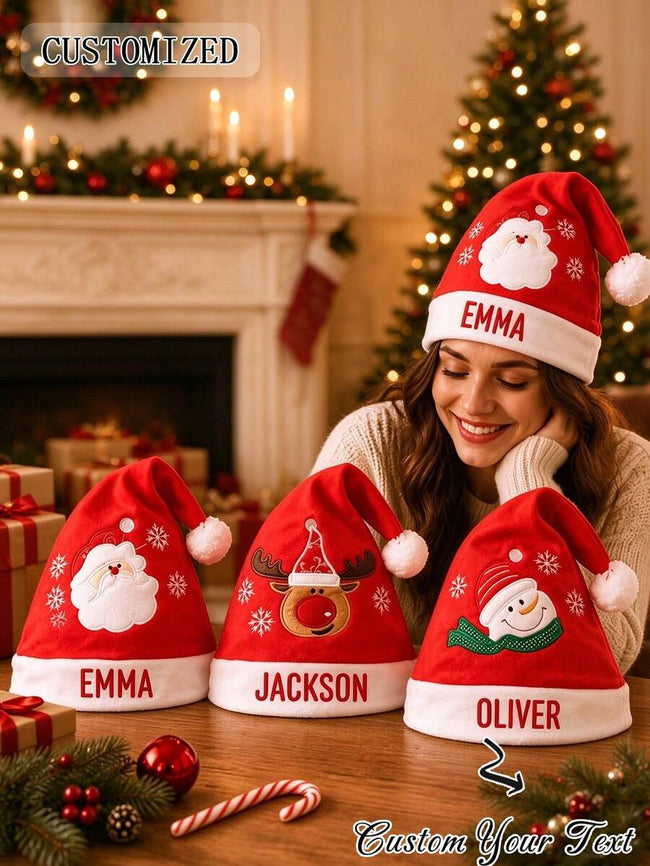 1pc Personalized Customized Name Plush Christmas Hat, Movable Ears Design Santa Claus Snowman Reindeer Hat, Holiday Party Cosplay Headwear, Customized Holiday Gift For Family And Friends
