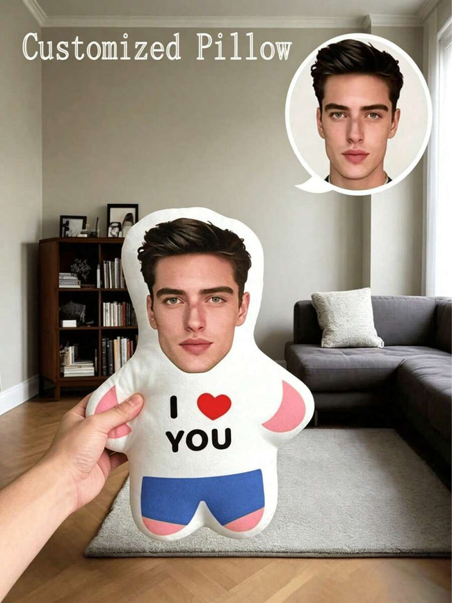 Custom Human-Shaped Pillow With "I Love You" Text, Personalized Photo Face Portrait Cushion, Surprise Gift For Boyfriend/Girlfriend On Valentine's Day, Birthday, Anniversary, Christmas, Halloween, Thanksgiving, Long Distance Relationship Gift