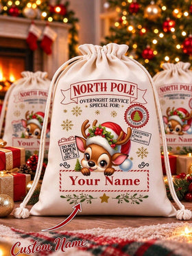 1pc Christmas Canvas Bag/Customizable Name Drawstring Gift Bag/Cartoon Reindeer Pattern Holiday Celebration Storage Bag/Animal Print Anime Theme/Drawstring Closure, Christmas Gift