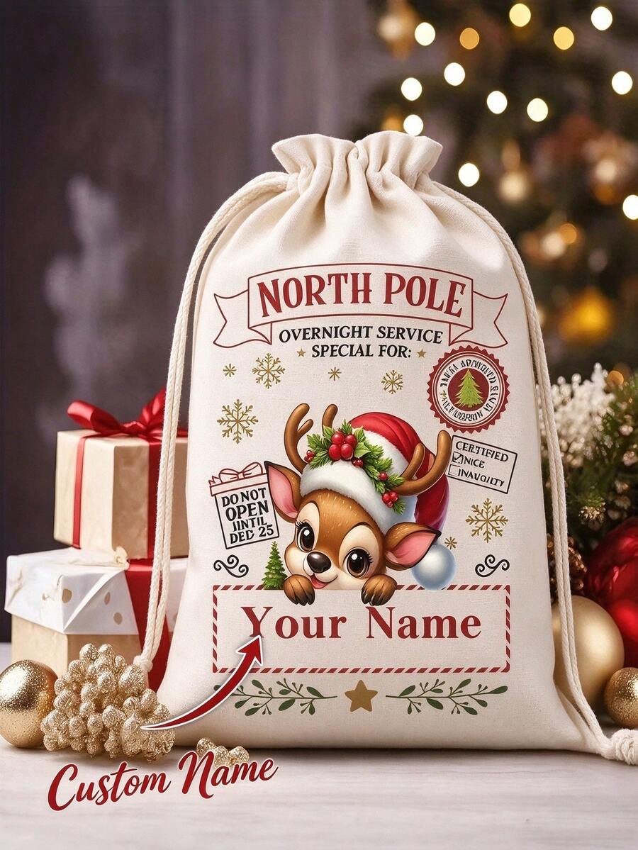 1pc Christmas Canvas Bag/Customizable Name Drawstring Gift Bag/Cartoon Reindeer Pattern Holiday Celebration Storage Bag/Animal Print Anime Theme/Drawstring Closure, Christmas Gift