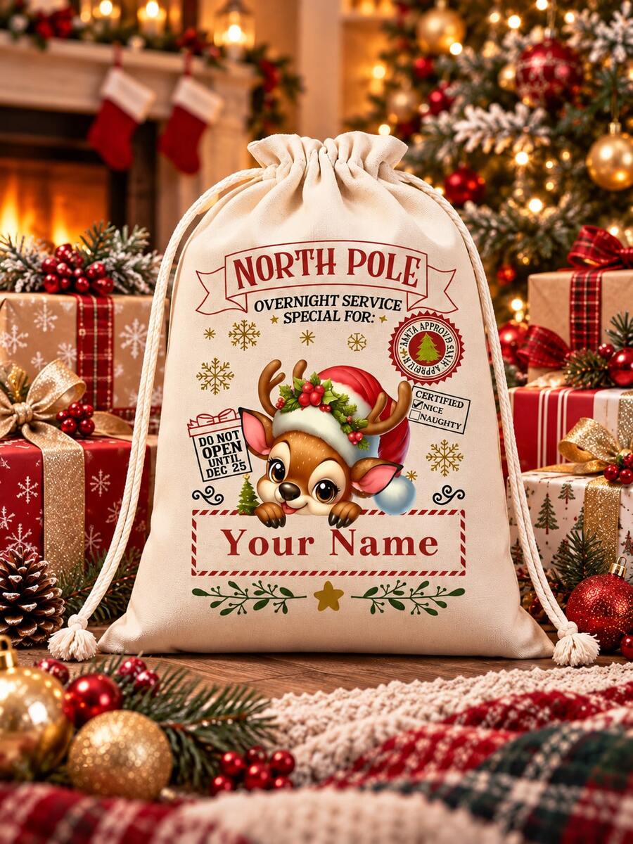 1pc Christmas Canvas Bag/Customizable Name Drawstring Gift Bag/Cartoon Reindeer Pattern Holiday Celebration Storage Bag/Animal Print Anime Theme/Drawstring Closure, Christmas Gift