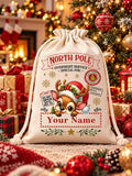 1pc Christmas Canvas Bag/Customizable Name Drawstring Gift Bag/Cartoon Reindeer Pattern Holiday Celebration Storage Bag/Animal Print Anime Theme/Drawstring Closure, Christmas Gift
