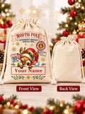 1pc Christmas Canvas Bag/Customizable Name Drawstring Gift Bag/Cartoon Reindeer Pattern Holiday Celebration Storage Bag/Animal Print Anime Theme/Drawstring Closure, Christmas Gift