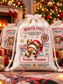 1pc Christmas Canvas Bag/Customizable Name Drawstring Gift Bag/Cartoon Reindeer Pattern Holiday Celebration Storage Bag/Animal Print Anime Theme/Drawstring Closure, Christmas Gift