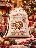 1pc Christmas Canvas Bag/Customizable Name Drawstring Gift Bag/Cartoon Reindeer Pattern Holiday Celebration Storage Bag/Animal Print Anime Theme/Drawstring Closure, Christmas Gift