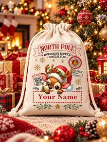 1pc Christmas Canvas Bag/Customizable Name Drawstring Gift Bag/Cartoon Reindeer Pattern Holiday Celebration Storage Bag/Animal Print Anime Theme/Drawstring Closure, Christmas Gift