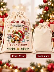 1pc Christmas Canvas Bag/Customizable Name Drawstring Gift Bag/Cartoon Reindeer Pattern Holiday Celebration Storage Bag/Animal Print Anime Theme/Drawstring Closure, Christmas Gift