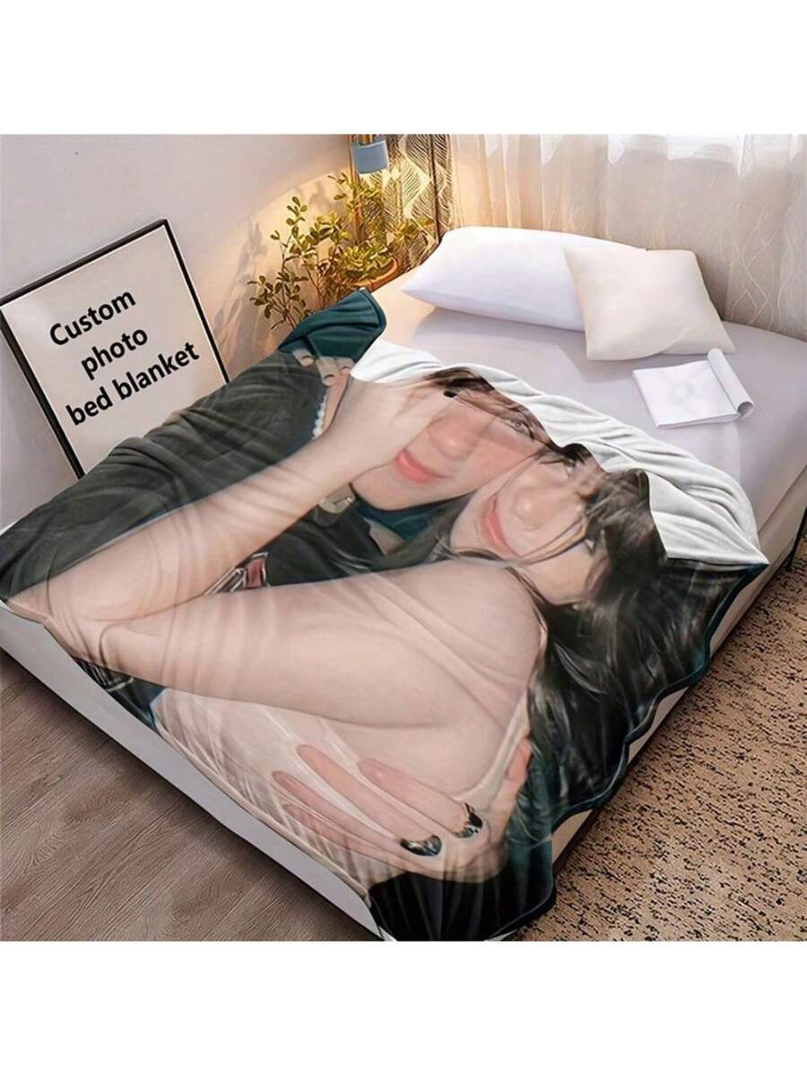 1pc Custom Photo Blanket, Personalized Print Flannel Throw Blanket,Christmas Day Gift For Family Boyfriend Girlfriend,Christmas Blanket & Halloween Blanket, Anniversary,Wedding Celebration,Couple Present,Home Room Decoration,Suit For Couch Sofa Bed
