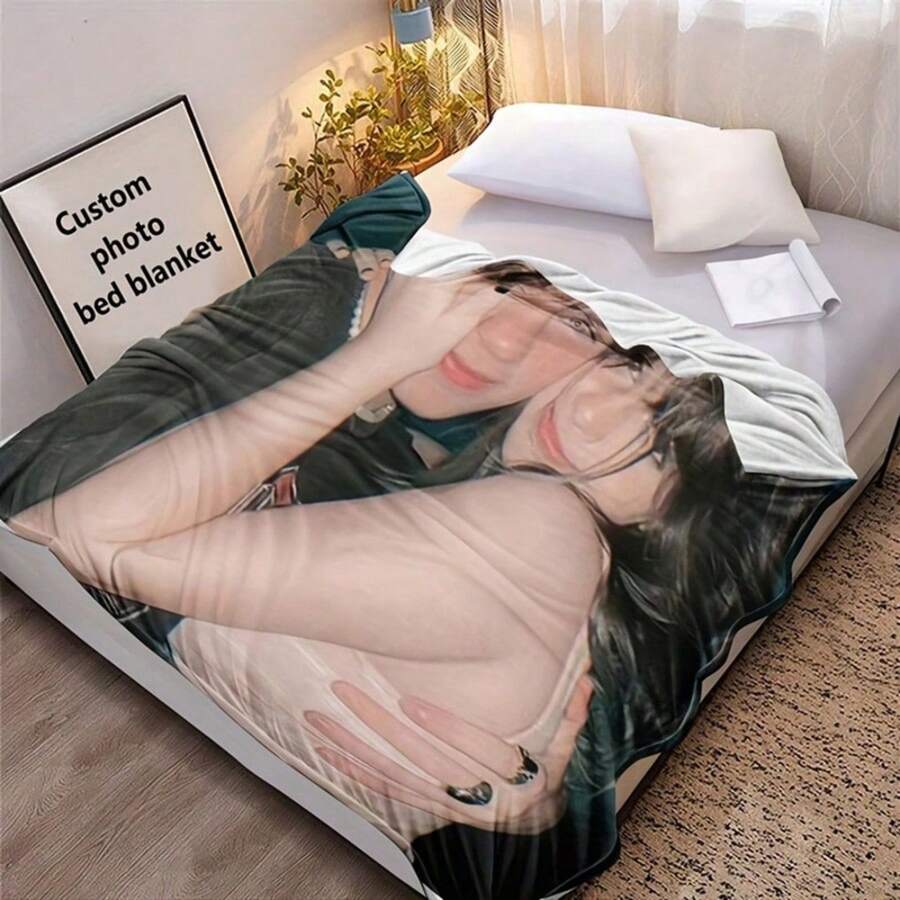 1pc Custom Photo Blanket, Personalized Print Flannel Throw Blanket,Christmas Day Gift For Family Boyfriend Girlfriend,Christmas Blanket & Halloween Blanket, Anniversary,Wedding Celebration,Couple Present,Home Room Decoration,Suit For Couch Sofa Bed