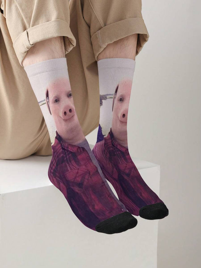 1 Pair Fashion Street Style John Pig & Breakfast Character All-Over Print Socks, Breathable Soft Meme Style Sports Casual Unisex Socks