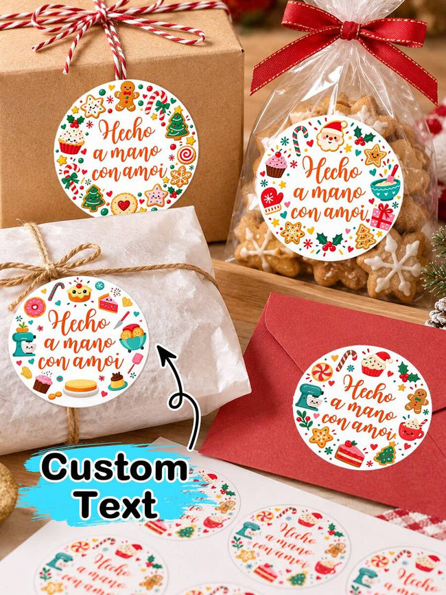 Custom Christmas Bakery Stickers, Personalized Handmade With Love Gift Labels, Festive Gingerbread Candy And Dessert Round Seals, Customized Text Stickers For Cookie Bags And Gift Wrapping, Customizable Holiday Party Favors For Family And Friends