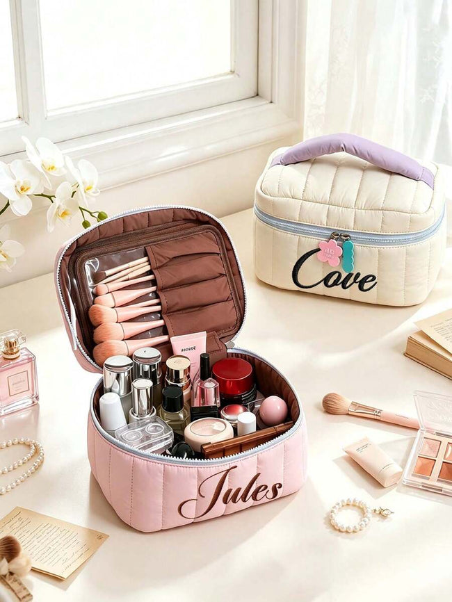 Personalized Embroidered Quilted Makeup Bag