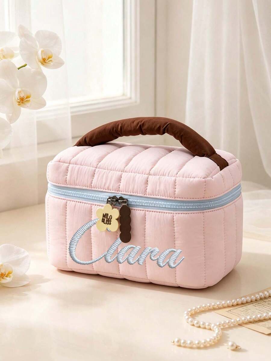 Personalized Embroidered Quilted Makeup Bag