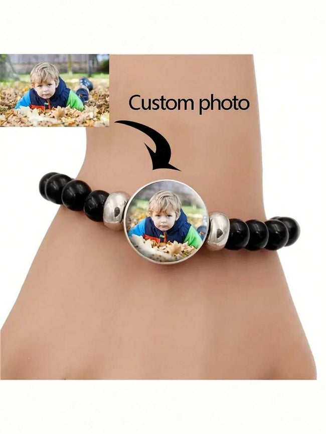 Personalized Black Beaded Photo Bracelet