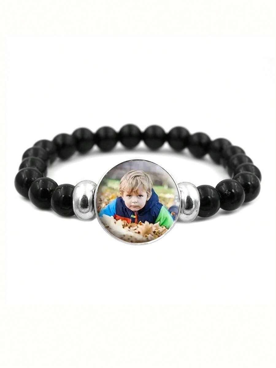 Personalized Black Beaded Photo Bracelet